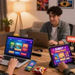 Engaging scene of players enjoying SHBET online gaming platform on various devices in a vibrant home office.