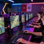Suasana arena esports boswin88 dengan pemain fokus di layar, sorak-sorai penonton.