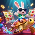 Luck8 Casino illustration with cartoon rabbit and turtle, vibrant slot game elements surround