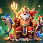 Experience thrilling casino elements with qs88 in a vibrant 3D illustration featuring Neptune and slot symbols.