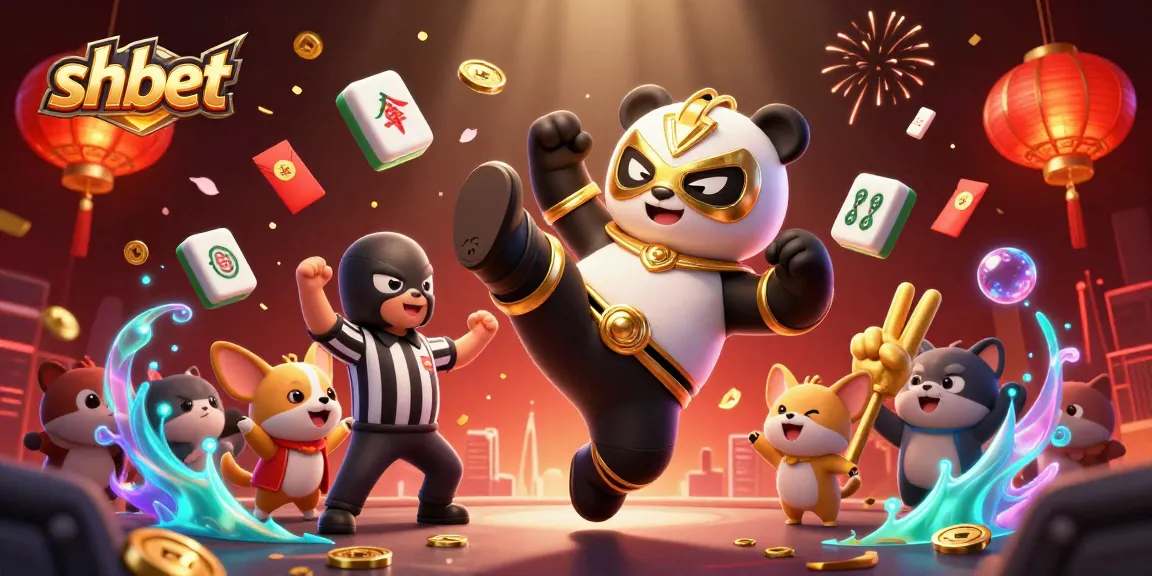 Experience the excitement of shbet gaming with a wrestling panda and a referee, amidst vibrant fireworks and lucky symbols.