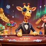 Experience the thrill of j188 with a high-roller giraffe at a VIP poker table amidst dazzling casino elements.