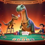 Join man88 at a vibrant poker scene with a brontosaurus and clever raptor dealer.
