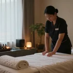 Relaxing Korean massage therapy setting with 강남출장안마 elements like essential oils and tranquil lighting.