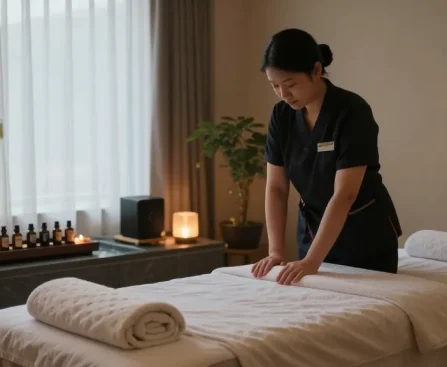 Relaxing Korean massage therapy setting with 강남출장안마 elements like essential oils and tranquil lighting.