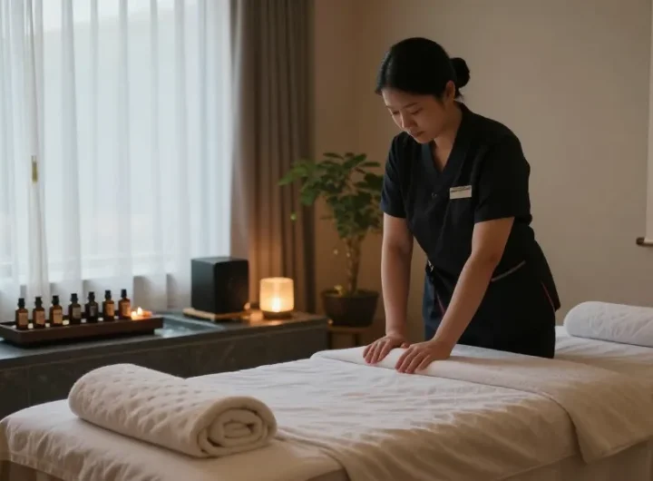 Relaxing Korean massage therapy setting with 강남출장안마 elements like essential oils and tranquil lighting.