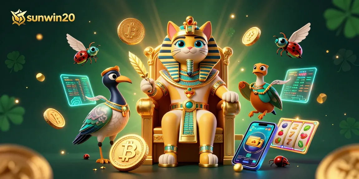 Spin the reels on sunwin20 with a vibrant Egyptian-themed digital illustration rich with casino elements.