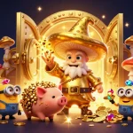 Experience đăng nhập LUCK8, with a magical golden wizard and treasure, in this vibrant 3D casino illustration