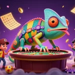 ee88 chameleon casino owner surrounded by vibrant lottery elements and golden coins.