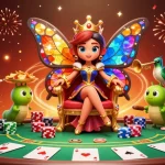 Engage in thrilling casino action at f168 with a 3D butterfly queen amidst poker excitement.