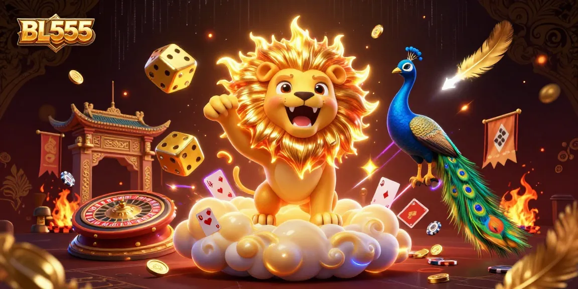 Experience the thrilling atmosphere of BL555 with vibrant casino scenes and winning chances in a lively 3D illustration.