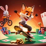 Baccarat excitement with a fox skateboarder and bunny BMX rider in a vibrant casino setting