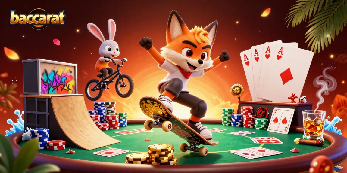 Baccarat excitement with a fox skateboarder and bunny BMX rider in a vibrant casino setting