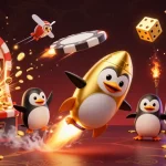 Experience the thrill of qq88z as a golden penguin dives into a vibrant casino world.