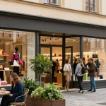 Retail space in Prague featuring an inviting storefront bustling with shoppers in an urban setting.
