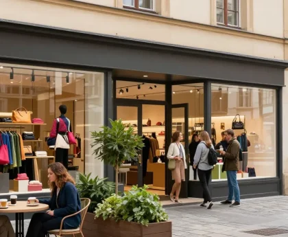 Retail space in Prague featuring an inviting storefront bustling with shoppers in an urban setting.
