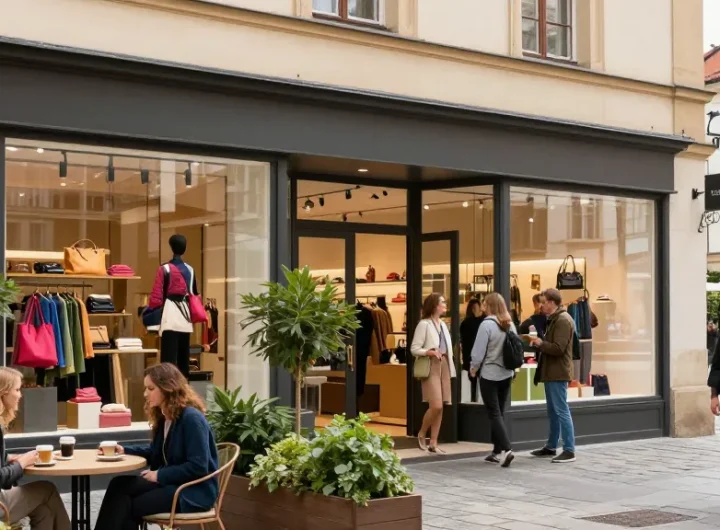 Retail space in Prague featuring an inviting storefront bustling with shoppers in an urban setting.
