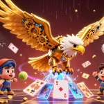 Experience Pe888's exciting gaming landscape with a dynamic 3D illustration showcasing vibrant casino elements and action.