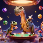 Engage with the 9au casino scene featuring a dinosaur at a poker table surrounded by lottery elements.