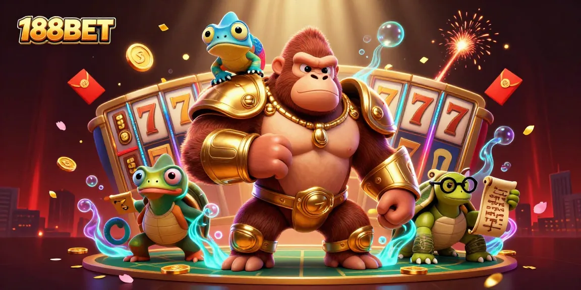 Engage with thrilling 188BET slot machines, featuring dynamic characters in a vibrant 3D illustration.