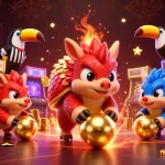 Experience thrilling gaming action at bk8 with pangolins bowling through poker chips in a vibrant casino.