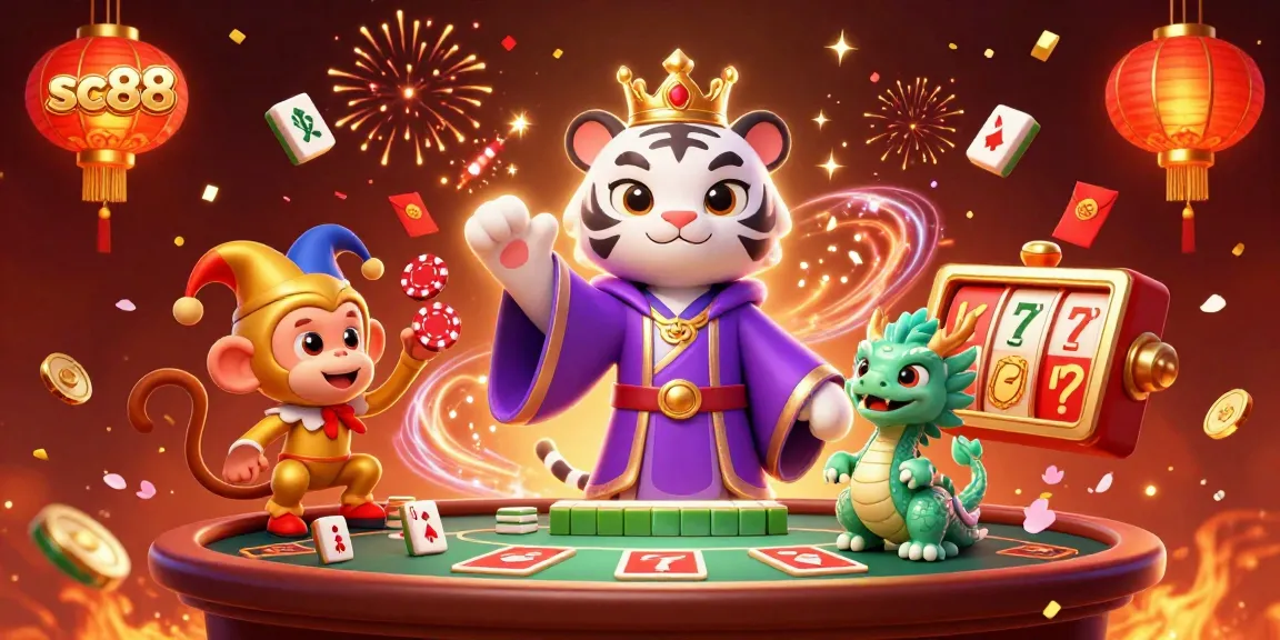 Engage with sc88's vibrant online casino atmosphere featuring a royal tiger, playful monkey, and jade dragon.