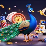 Experience the vibrant uu88 casino world with cascading gems, peacock, and golden chips!