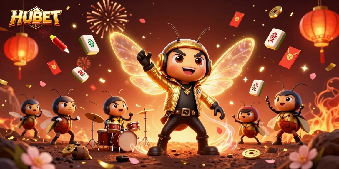 HUBET presents vibrant casino excitement with a 3D rock star and festive symbols.