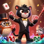 Engage with GO99's vibrant casino scene featuring a stylish panther dealing cards amidst festive elements.