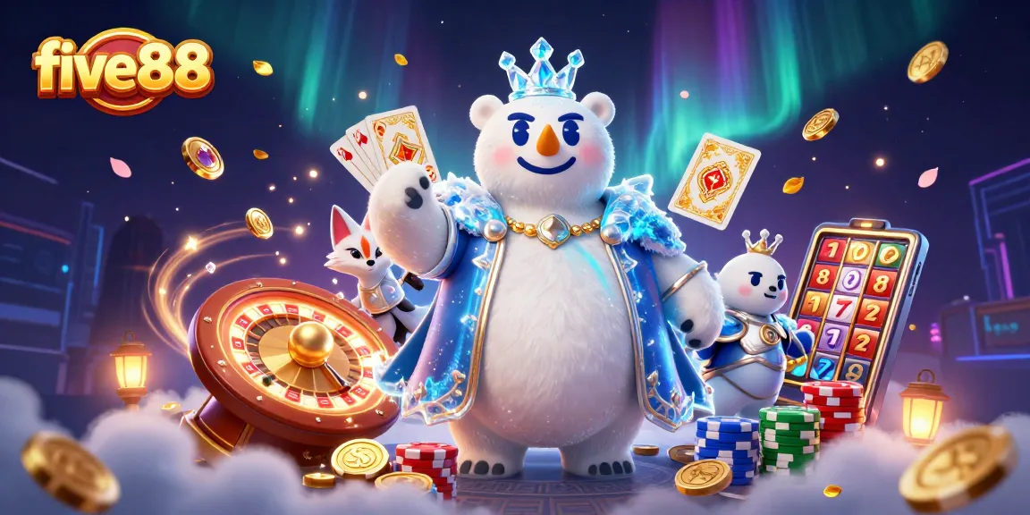 Experience thrilling gameplay at five88 with an ice king and snow fox amidst cascading coins and vibrant game elements.