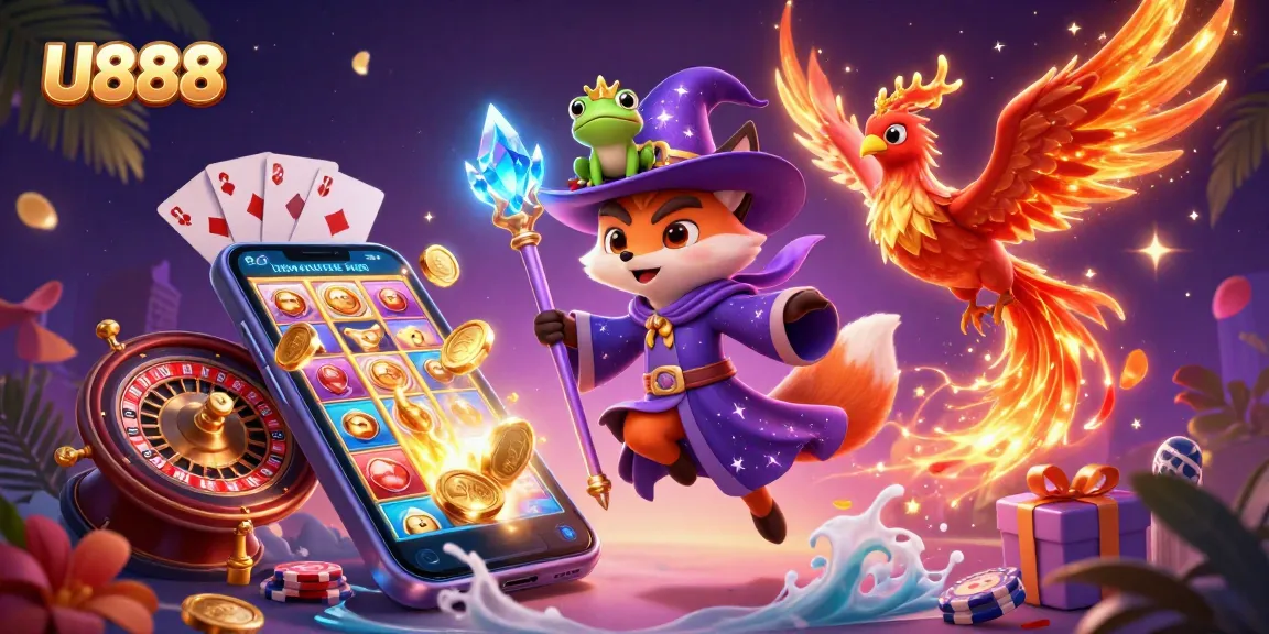 Engage with the exciting world of U888 through this vibrant casino-themed illustration featuring a magical fox and phoenix.