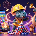 Join the excitement at okfun with a triceratops stacking poker chips and falling confetti in this vibrant casino illustration.