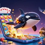 NEW88 showcases a lively scene with a cartoon orca and otters enjoying casino fun and golden coins.