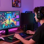Engaged gamer using the Slot7000 platform in a vibrant digital gaming environment.