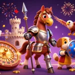 Experience the excitement of 11WIN with a vibrant 3D illustration of a knight, squire, and falcon amidst casino elements.
