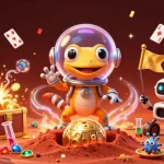 Spin to win big at ae889, featuring a Martian gecko uncovering a casino treasure amidst vibrant, colorful elements.