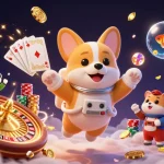 Join DA88's thrilling casino adventure with floating corgi, hamster, and goldfish amidst drifting chips.