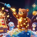 Experience the excitement of KQBD with a celestial casino scene, showcasing vibrant characters and dynamic gambling elements.