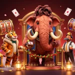 Join the fun at 888top-bet as a woolly mammoth checks IDs at a vibrant casino entrance.