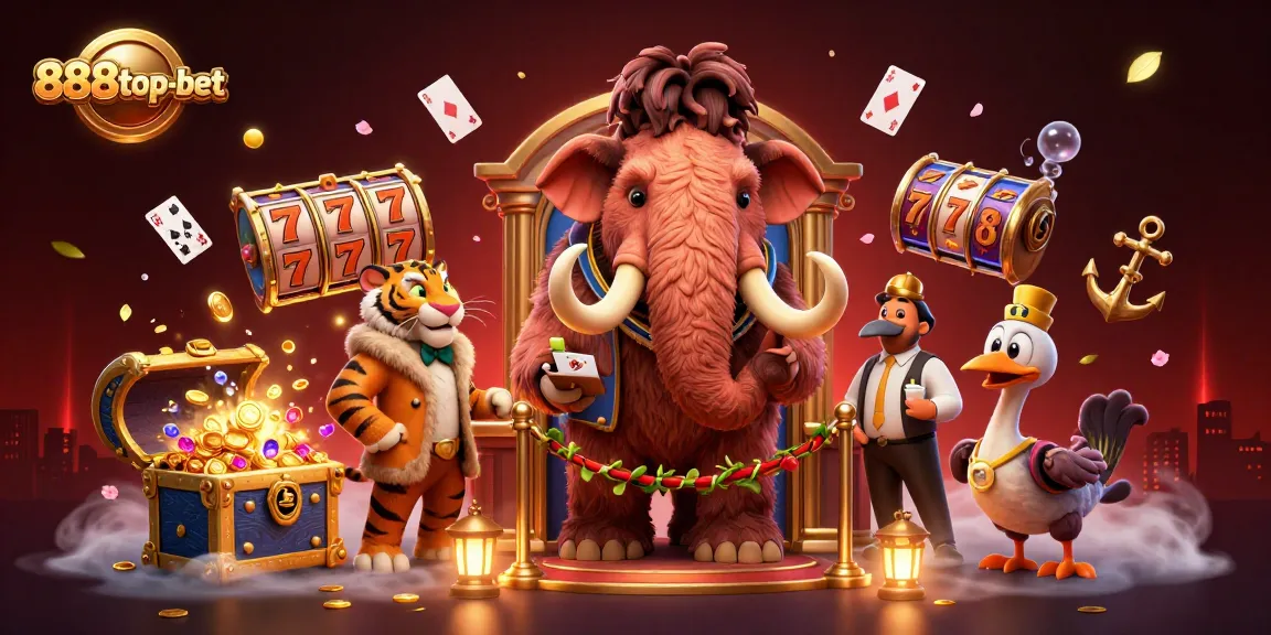Join the fun at 888top-bet as a woolly mammoth checks IDs at a vibrant casino entrance.