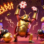 Spin and win with stellarspins as a victorious beetle lifts a poker chip in a vivid casino scene.