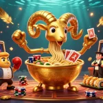 Engage with NEW88 in this vibrant, lively casino scene featuring dynamic characters and elements.