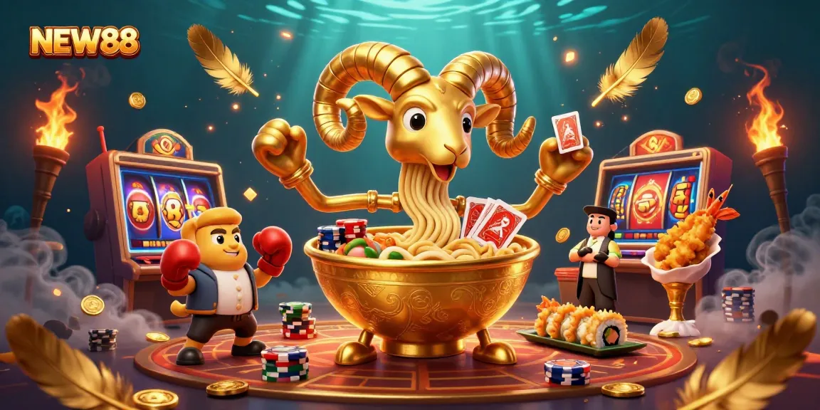 Engage with NEW88 in this vibrant, lively casino scene featuring dynamic characters and elements.