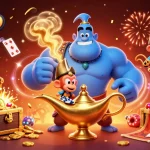Experience the thrill with Hitclub as a powerful genie, vibrant treasures, and poker chips come alive in a dynamic casino scene.
