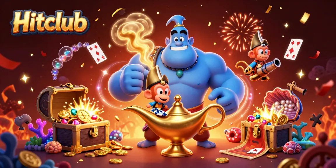 Experience the thrill with Hitclub as a powerful genie, vibrant treasures, and poker chips come alive in a dynamic casino scene.