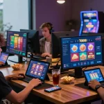 Engaged gamers enjoying slot7000 on various devices, showcasing excitement and modern design.