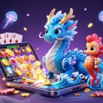 Play thrilling games at 78Win with an azure water dragon and vibrant casino symbols.