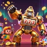 Experience thrilling wins at LU88 with a dynamic scene of a golden robot and retro arcade games.