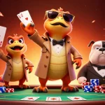 FABET guides players through a thrilling poker night with raptors in a trench coat at a vibrant casino.