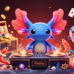 FIVE88 features a vibrant underwater casino scene with a neon axolotl DJ and lively sea creatures.